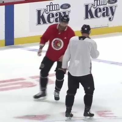 Gudbranson and Watson going over fighting techniques after practice today