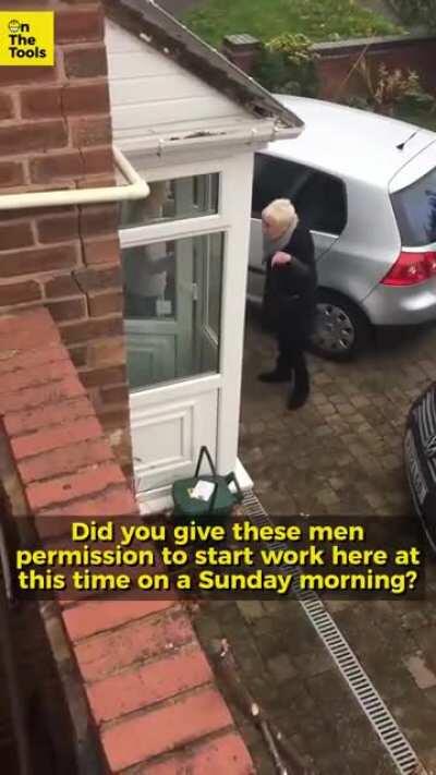 Crazy woman takes ladder away from builders for working on a Sunday