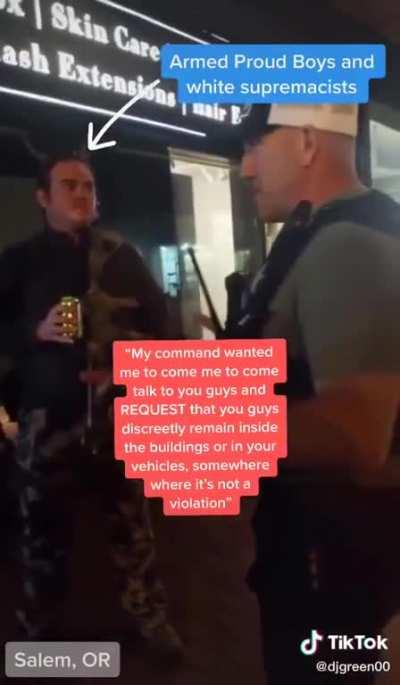 Police Officer Tells Proud Boys to Hide Inside Building Because They're About to Tear Gas Protesters. the Officer Said He Was Warning Them &quot;Discreetly&quot; Because He Didn't Want Protesters to See Police &quot;Play Favorites.&quot;