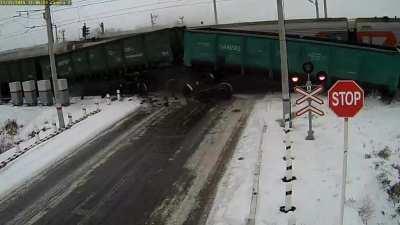 Truck obliterated by trains in Kazakhstan