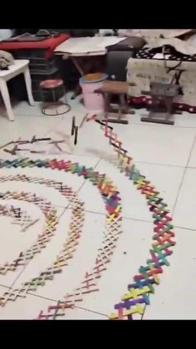 Guy sets off a chain reaction of sticks causing a cool pattern