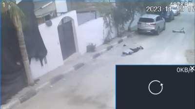 CCTV captures the moment two young Palestinians were shot by the IDF in Qalqilya,West Bank yesterday hours before an elderly Palestinian (66yrsold) Taxi driver was also shot dead in the head by the IDF in the West Bank