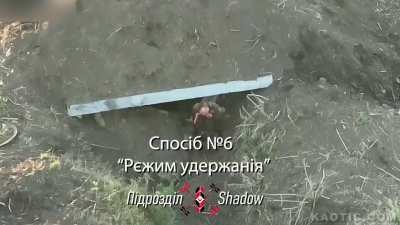 2 Russians hit by FPV drone, one had arm badly wounded. While fleeing the battlefield he is killed by second FPV drone. Ukraine, 2024.