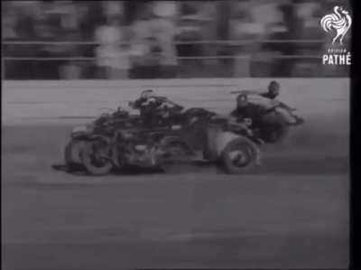 The 1933 Police and Fireman’s Carnival in Sydney, Australia featured chariot racing using Harley Davidson motorcycles