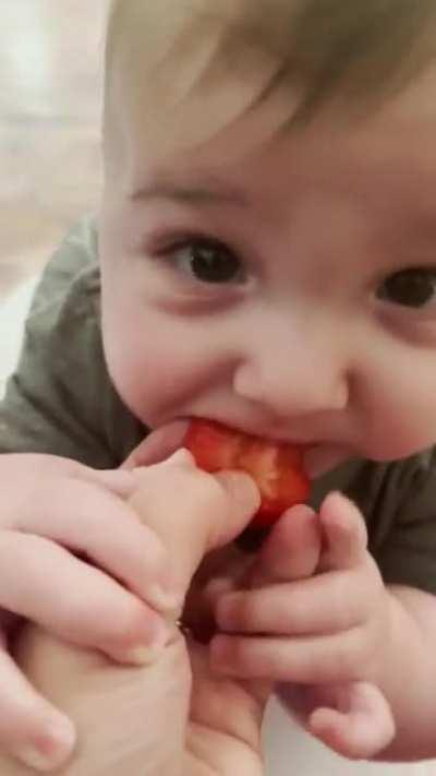 Gave my 6 month old his first taste of a strawberry… don’t think he was a fan