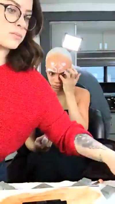 Rosario Dawson on the makeup chair for Ahsoka Tano