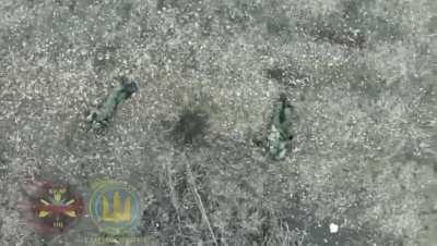 Russian soldiers attacking Ukrainian positions are hit with drone dropped grenades, with one getting his leg blown off