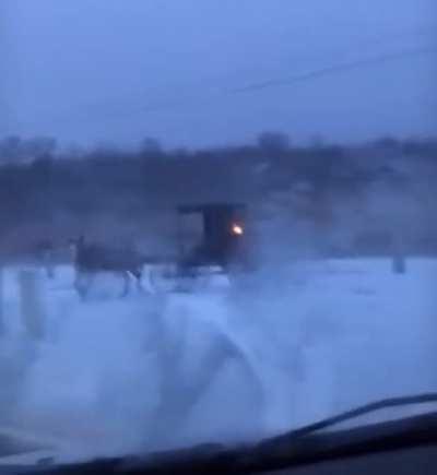 An Amish guy doing donuts in his buggy