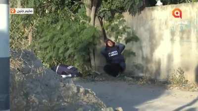 The moment when the Palestinian journalist and correspondent of Al Jazeera channel Shireen Abu Akleh got shot and killed by the Israeli occupation forces in Jenin this morning, May 11, 2022