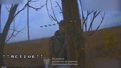 A lone Russian soldier was hiding behind a tree, until FPV eliminated him.