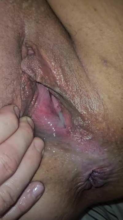 Wives cum filled pussy squirt