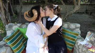 Riley Reid and Valentina Nappi kissing in costumes (Does that count as cosplay?)