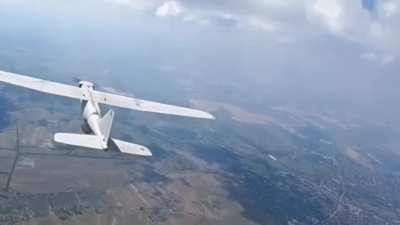 Kamikaze drone with digital camera detonates itself against Russian observation drone Orlan-10. South of the town of Chasiv Yar, Donetsk region. August 15, 2024. 