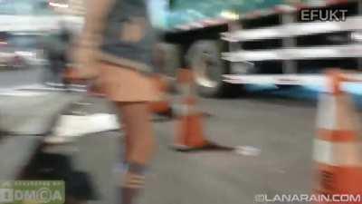 girl leaks slime on sidewalk