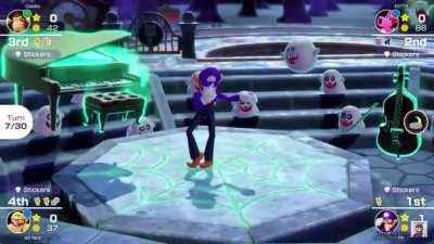 Waluigi showing off his dancing skills in the new Mario party