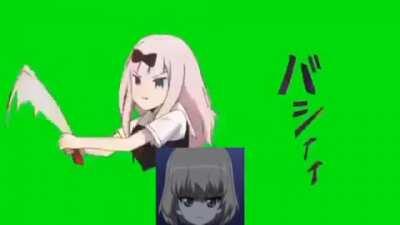 Katyusha getting hit on the head by paper.