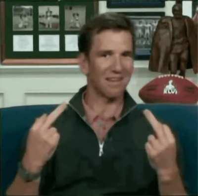 Eli Manning giving the double middle finger live on MNF