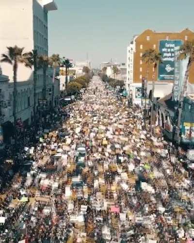 Drone footage over the LA Black Lives Matter protest on Hollywood Blvd today