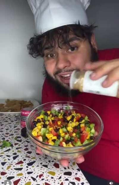 Why he having an orgasm chopping veggies? Why his beard all in the food?