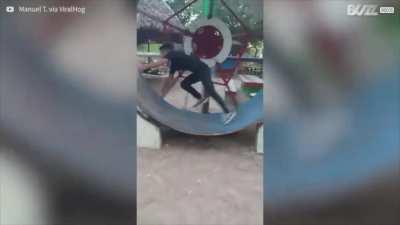 Painful fall in giant hamster wheel