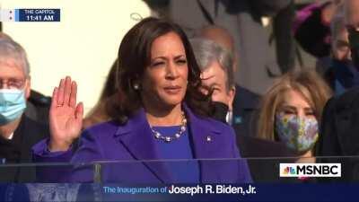 Kamala Harris, the child of immigrants, takes the oath of office to serve as Vice President of the United States — becoming the first woman, first Black American, and first South Asian American to do so