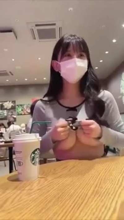 Shy Japanese Girl Flashing at Cafe