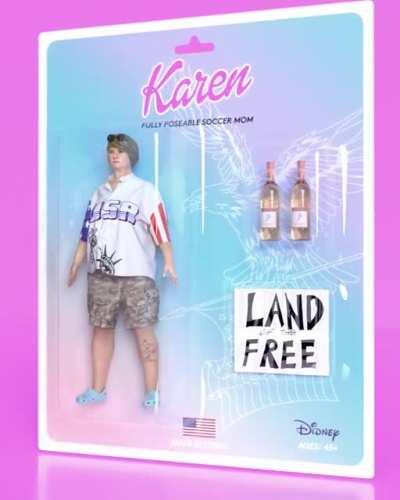 Fully poseable Karen doll. Comes with 2 free bottles of Barefoot Chardonnay.