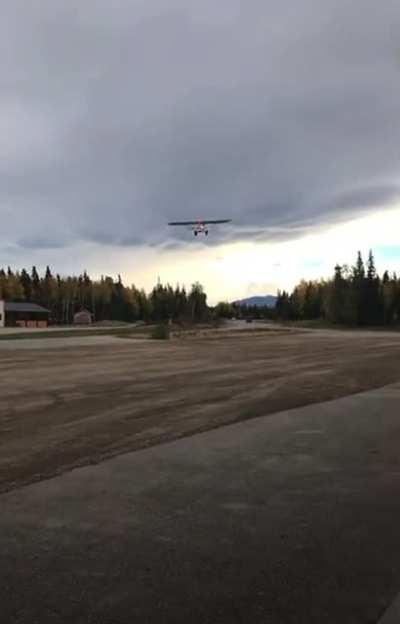 Super Cub taking flight after brief pit stop for gas in Delta Junction, Alaska