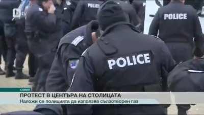 Bulgarian police uses pepper spray on protestors in front of the parliament. They forget to take the wind into account.