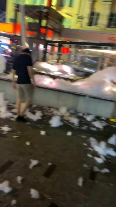 Someone put soap in the city fountain