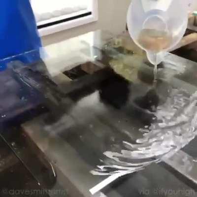 The transformation of a glass into a mirror: silver nitrate and pure ammonia are put into chemical reaction. The resulting solution is poured onto the glass surface and lef for a while..