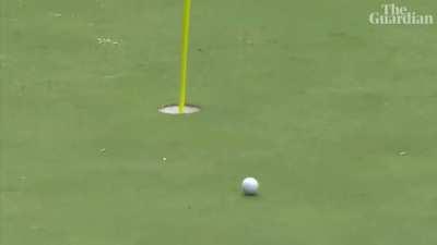 Jon Rahm hits the most absurd Water-Skimming Hole in One shot during Masters practice session.