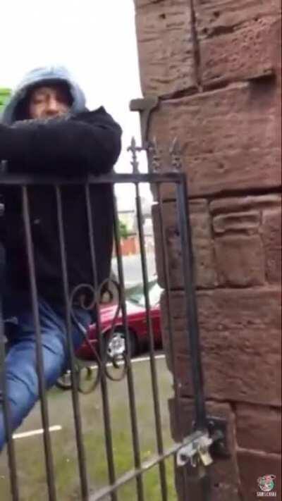 Guy with Scottish accent decides to climb into someone else's property, instantly regrets it