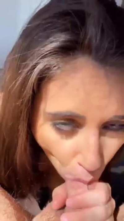 Love the way this green-eyed beauty sucks cock, slaps her face with the dick, and takes the facial