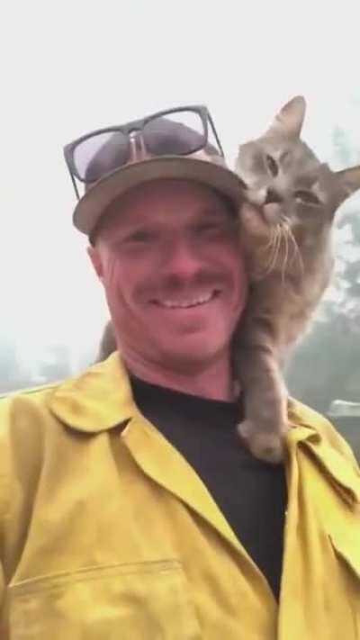 A firefighter being thanked by a very friendly cat after rescuing it from a wildfire