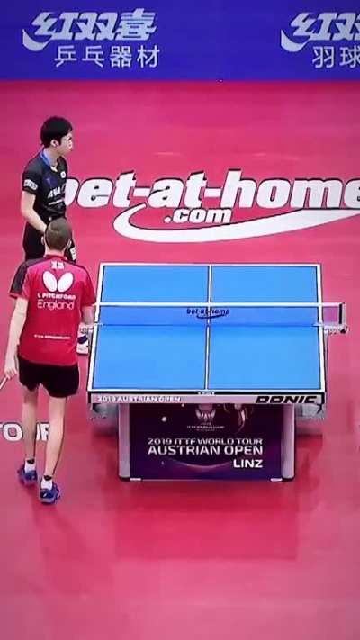 Liam Pitchford(England) plays a behind the back shot against Jun Mizutani at the 2019 Austrian Open