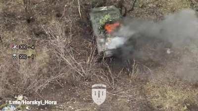 BMP-2 with a landing party was hit by an FPV, pilots of the 43rd OMBr found and finished off all the Russian landing party with drone dropped grenade strikes, Ivanivka direction.