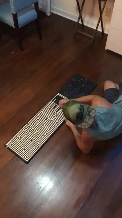 My boyfriend peeling the tape off one of his custom maze boards