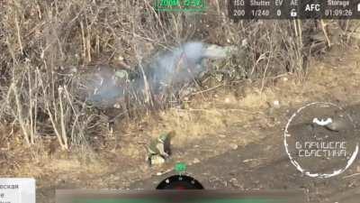 Drone operator view a successful Russian assault on a Ukrainian position. The position is cleared with grenades and a Russian soldier ends up being hit by a flying helmet. Zaporizhzhya front, Unknown date.