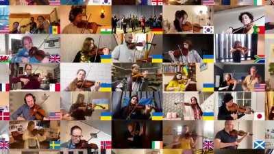 A violinist in a basement shelter in Ukraine, accompanied by 94 violinists from around the world!! How beautiful is this!