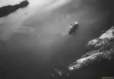 Actual combat footage of British bombers attacking German battle ships in Nordgulenfjord. (Dec 5th, 1944)