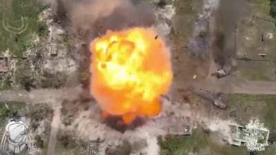 A Russian MT-LB is destroyed in a catastrophic explosion after being hit by a Ukrainian drone dropped munition