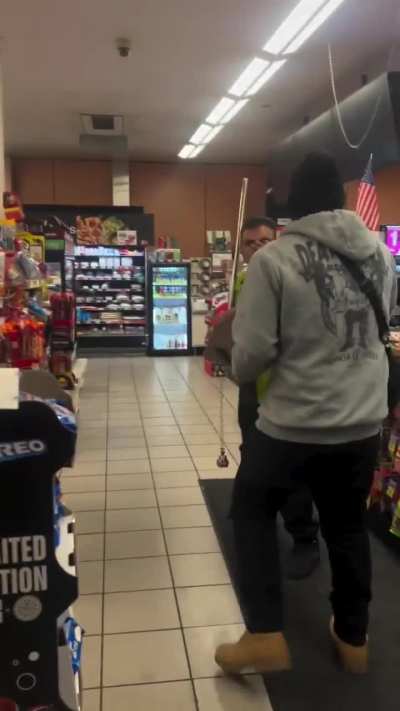 A California mob ransacked and attacked a 7-Eleven store against a single Employee trying to protect it with a broomstick. 