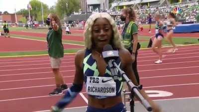 USA's woman's 100m sprinter Sha'carri Richardson reacts to commentators after she challenged the Jamaican Olympic 2021 WINNERS and placed LAST in the Eugene Diamond League 100m final.