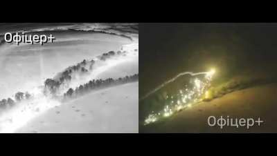 Night-time footage of another Ukrainian thermite FPV quad attacking Russian positions in a windbreak.