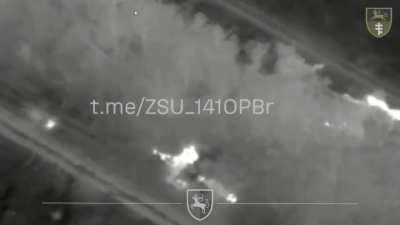 A Ukrainian &quot;Baba Yaga&quot; night bomber drone drops an explosive on a Russian field ammo storage which starts burning and ends in a big detonation, 141st Infantry Brigade [posted 30.10.2024]