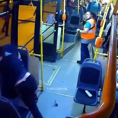 Guy punches a female conductor on a Russian bus only to get a beating and face full of mace by another passenger