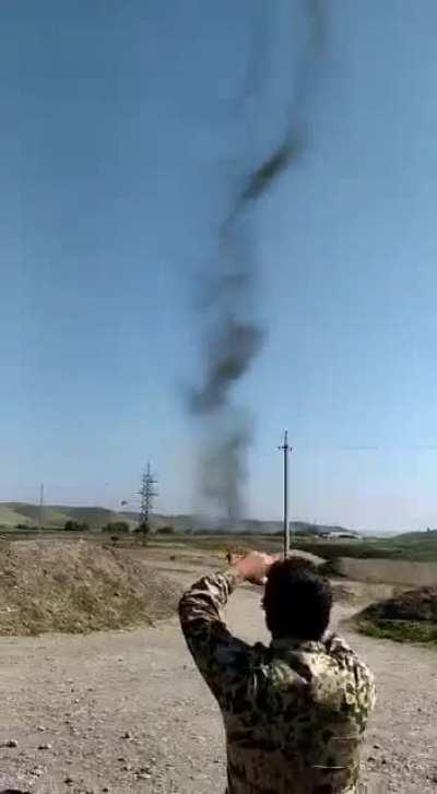 Two Mi-35M attack helicopters of Azerbaijan firing missiles during the Second Karabakh War. 2020.