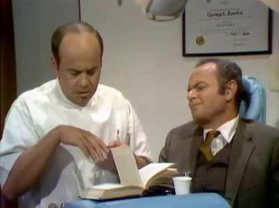 Tim Conway and Harvey Korman in a 1969 sketch from &quot;The Carol Burnett Show&quot;. Conway plays a rookie dentist struggling to give novocaine to his first patient. Korman admits in later interviews he peed himself laughing at Conway's antics during this sketch.