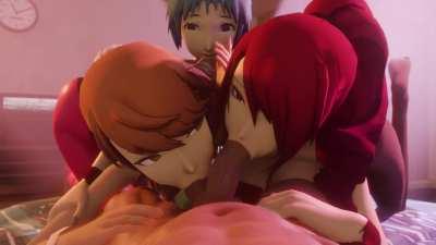 yukari and mitsuru give a blowjob while fuuka watches